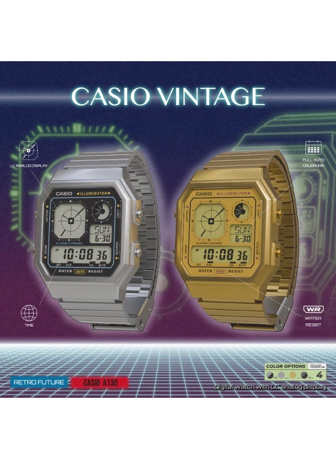 Casio Vintage Digital Watch A130WEG-9ADF Gold Tone, Ion-Plated Stainless Steel Band, World Time, LED Backlight - Image 4